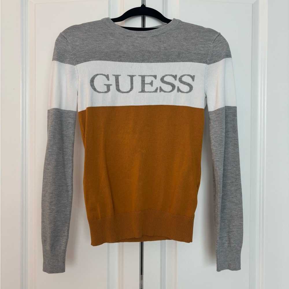 GUESS Gray, White, and Gold Crewneck Sweater